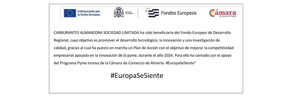 beneficiaria del Fondo Europeo de Desarrollo Regional, cuyo objetivo es promover el desarrollo tecnológico, la innovación y una investigación de calidad, gracias al cual ha puesto en marcha un Plan de Acción con el objetivo de mejorar la competitividad empresarial apoyada en la innovación de la pyme, durante el año 2024. Para ello ha contado con el apoyo del Programa Pyme Innova de la Cámara de Comercio de Almería
